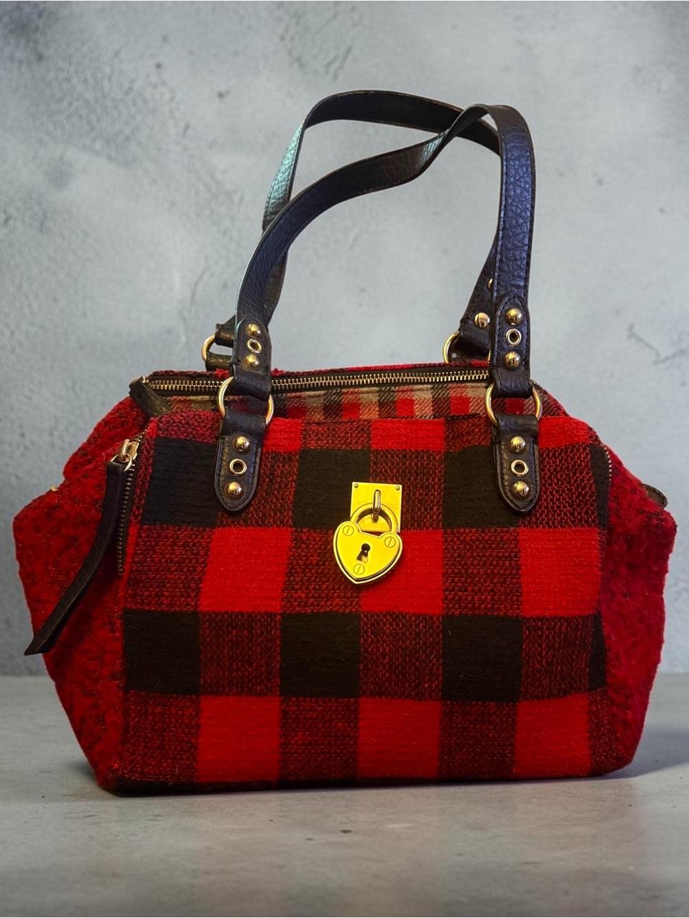 Vintage Y2K red and black buffalo check wool satchel bag